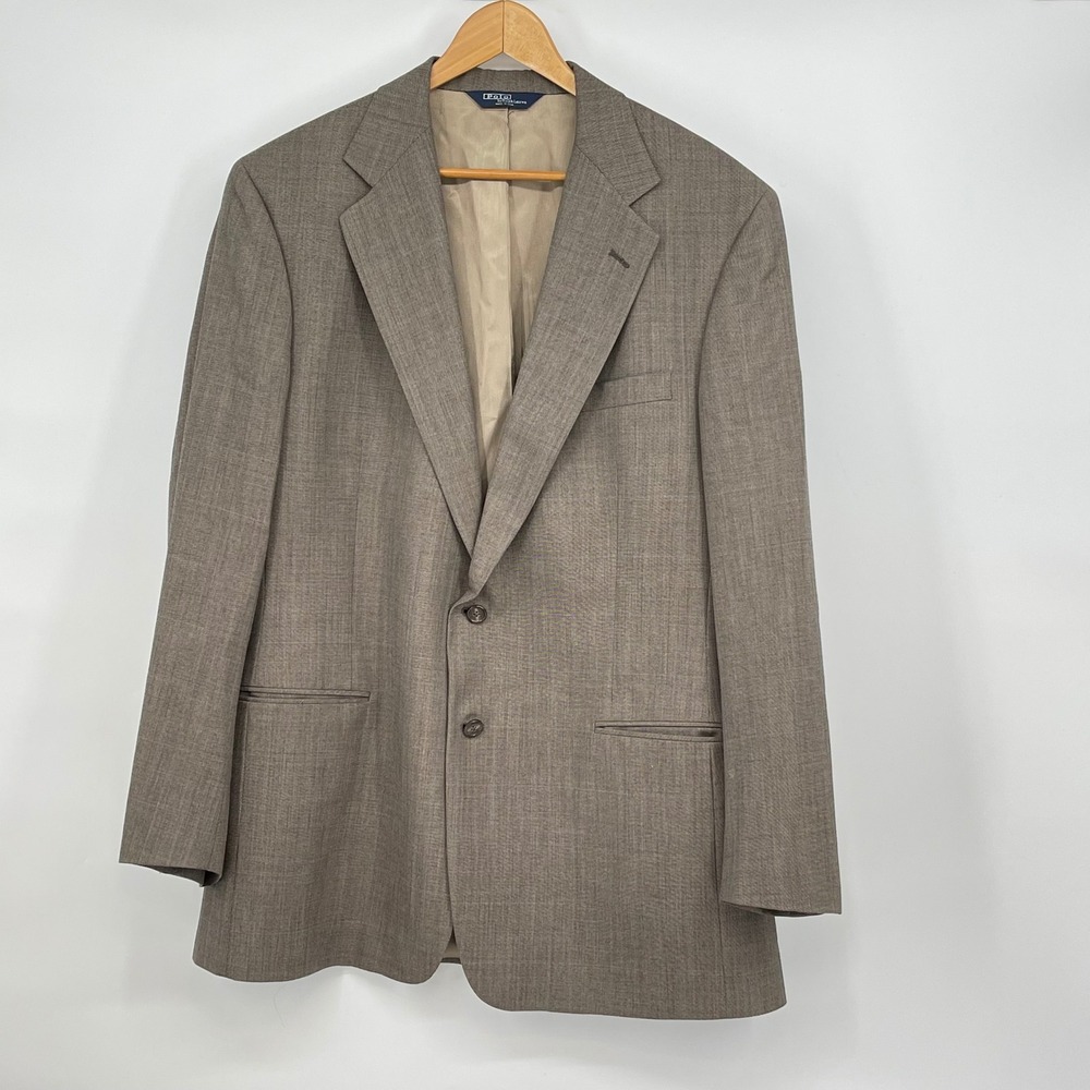 Vintage Polo Ralph Lauren Brown Plaid Wool‎ Two Button Blazer Size 44L Made USA